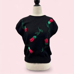 Vintage Black Knit Rose Appliqué Top
